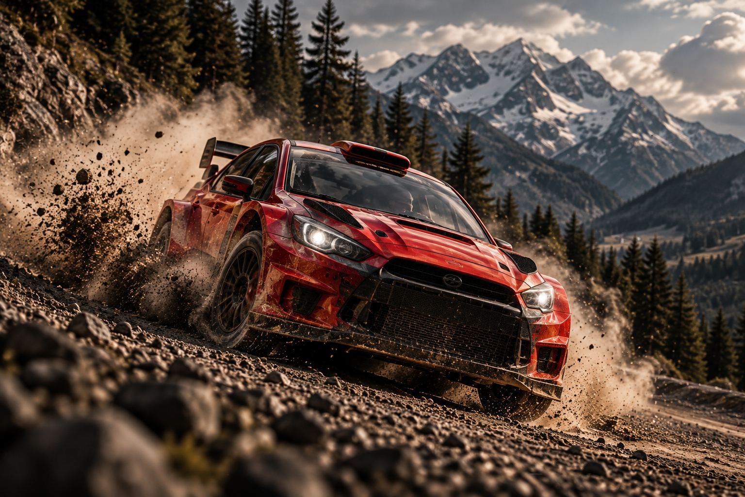 APEX RS rally car kicking up dust on a mountain stage