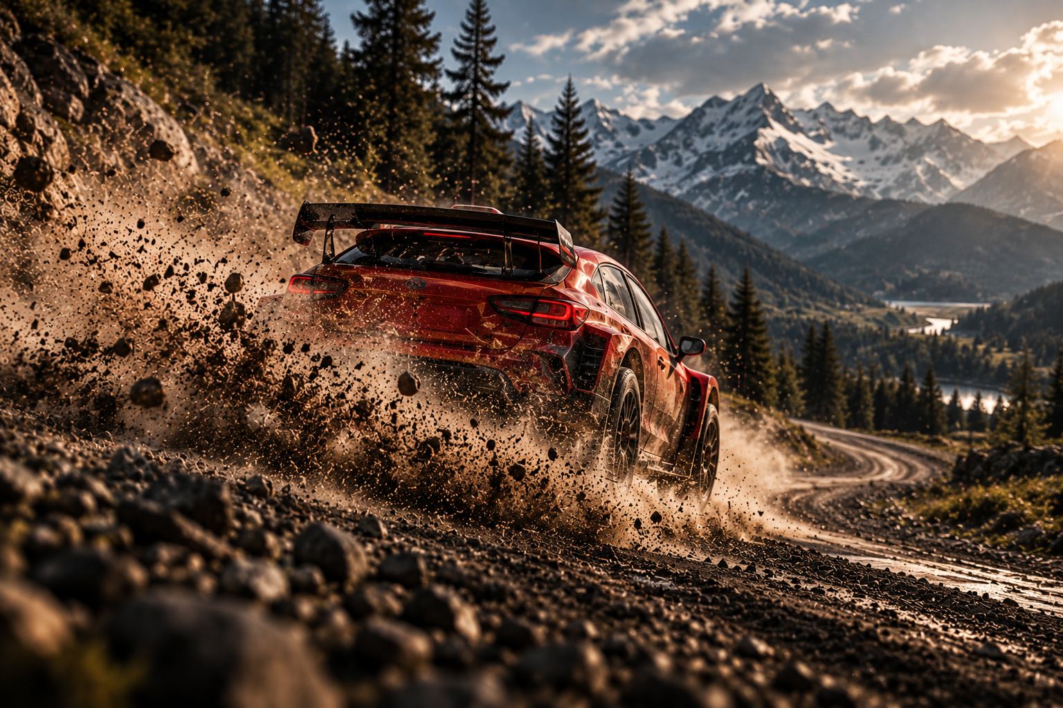 Rally car with aero wing kicking up dust on a mountain road