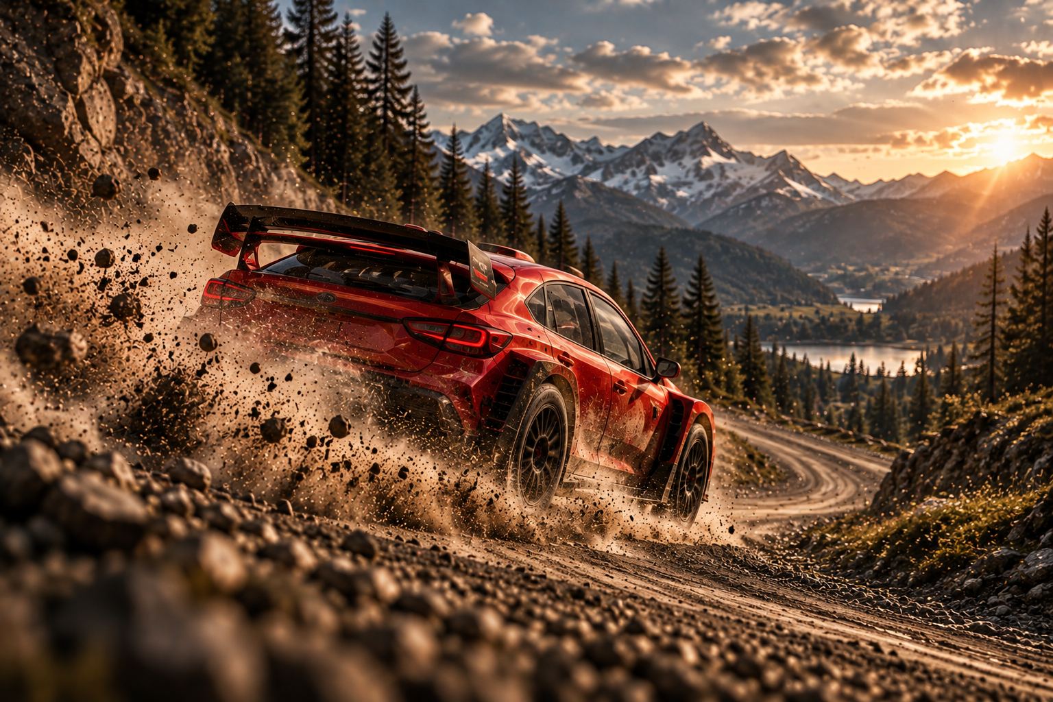 Rally car airborne on a mountain stage