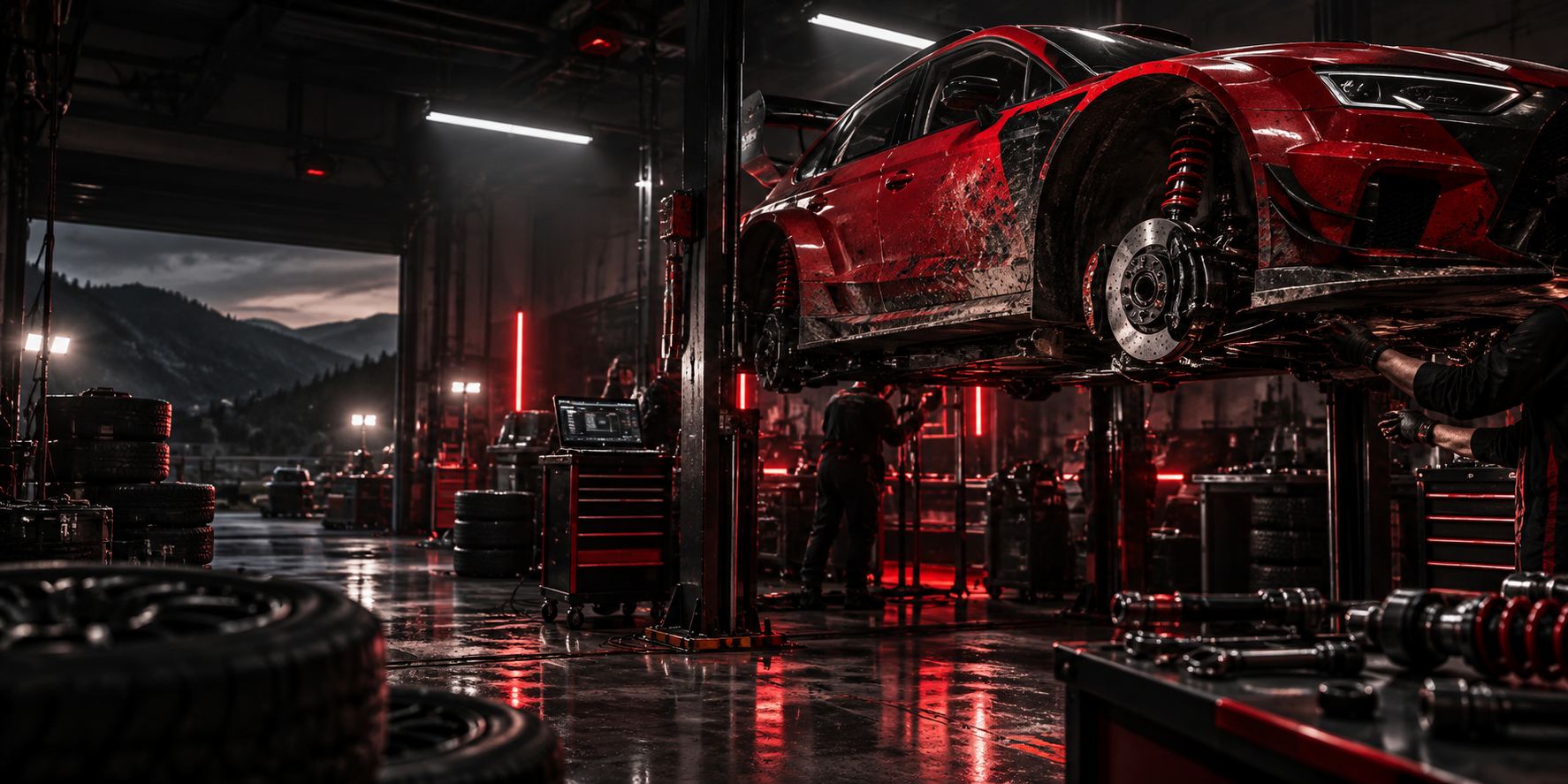 APEX RS mechanics working on a rally car in the workshop